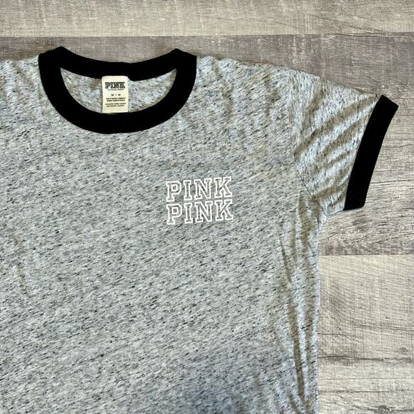 PINK Victorias Secret Campus Ringer T Shirt Womens M Short Sleeve Heather Grey - Picture 2 of 9